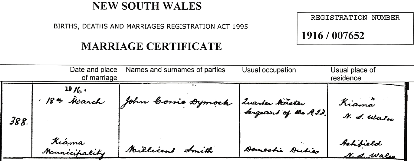 John Corrie Dymock and Millicent Smith Marriage Certificate